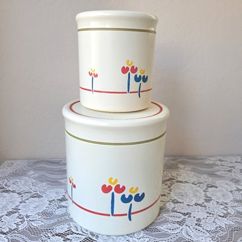 Vtg 70s Kitchen Canisters Riva Designs Tulips set of 2 made in Japan